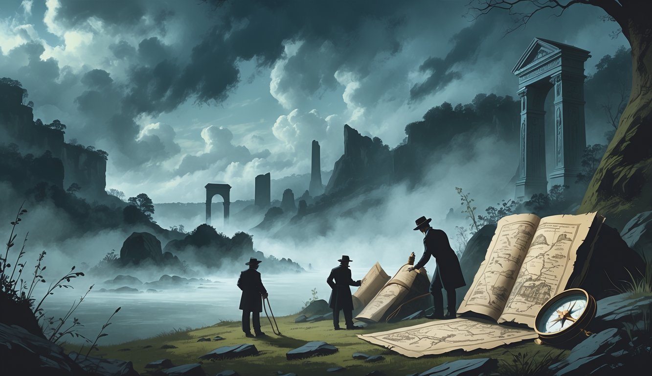 A foggy landscape in Missouri with the Gateway Arch, explorers examining old maps and artifacts, and a misty outline of a hidden cave or lost city in the background.