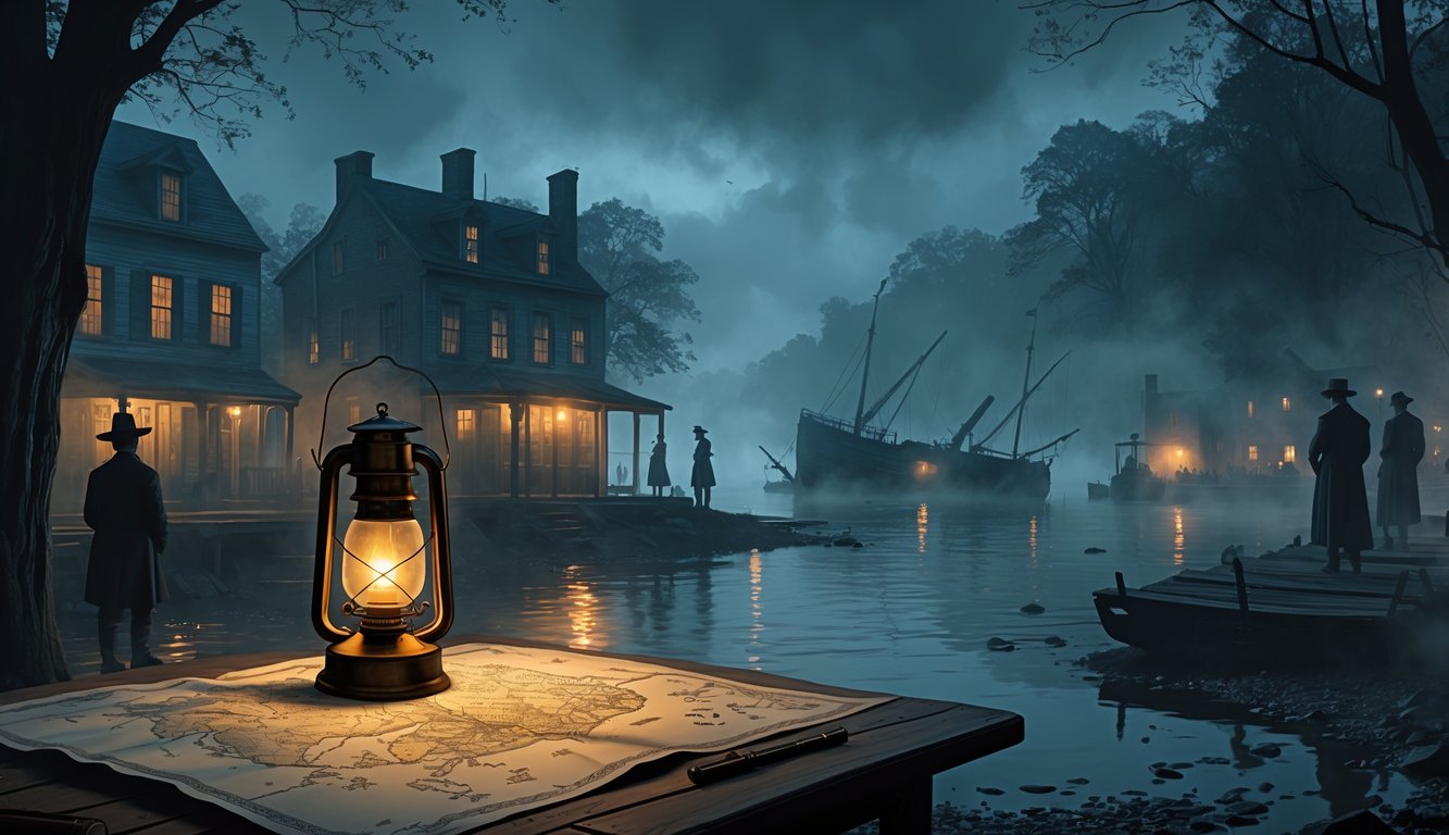 A foggy riverside town at dusk with old buildings, a glowing lantern over an ancient map, shadowy figures by the water, and a partially sunken shipwreck near the shore.