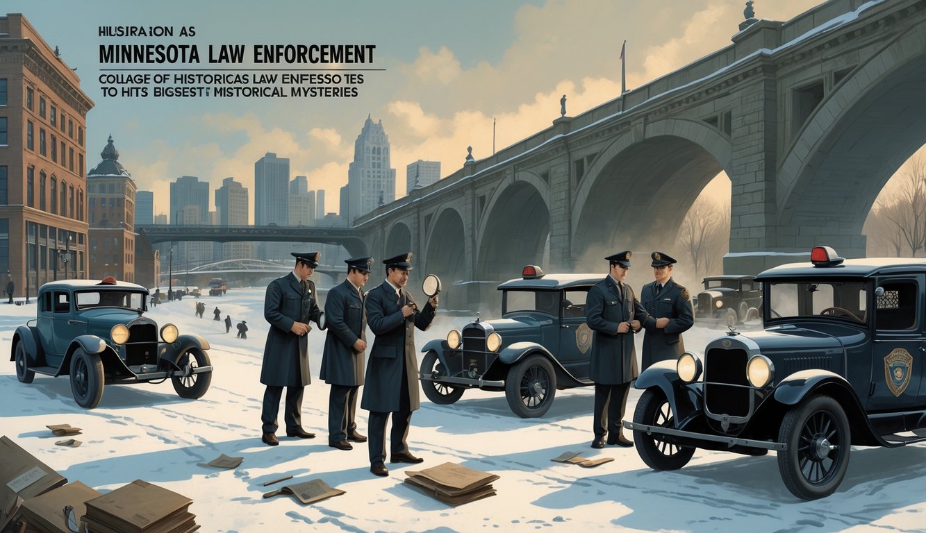 Law enforcement officers from different historical periods investigating clues near Minnesota landmarks, surrounded by symbols of unsolved mysteries.