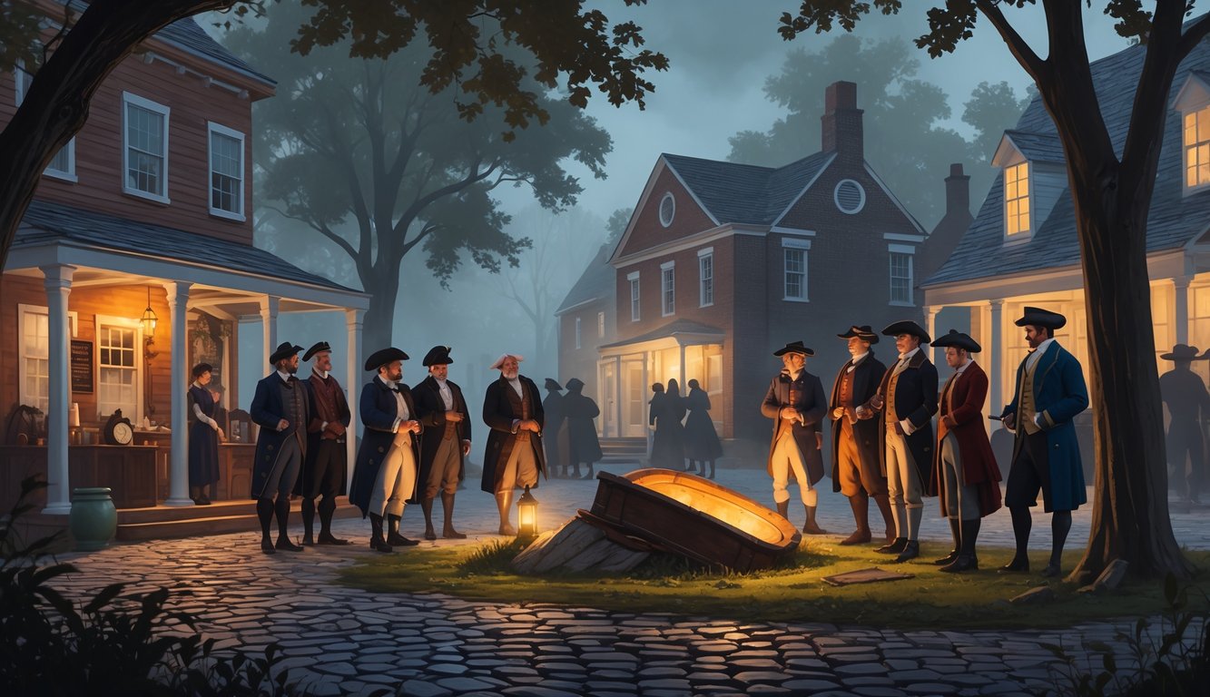 A colonial-era town square in New Market, Maryland, with townspeople gathered around a mysterious artifact under lantern light, surrounded by historic buildings and shadowy figures in the background.