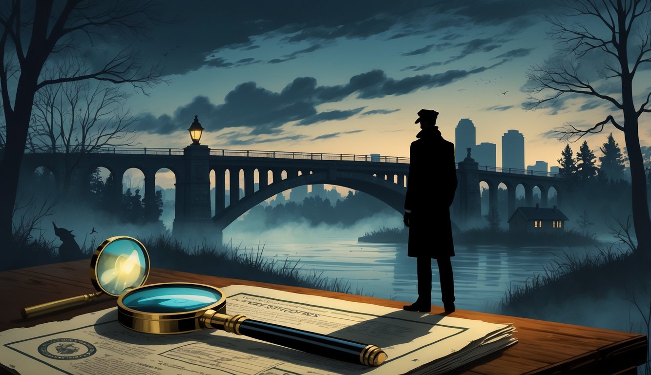 A nighttime scene showing the Stone Arch Bridge over the Mississippi River with mist, old case files and a magnifying glass on a table, and silhouettes of trees and city skyline in the background.
