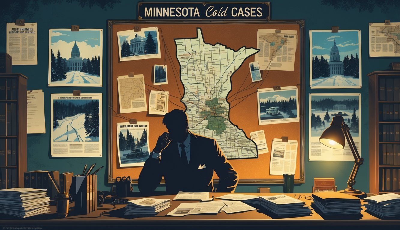 A detective's office with a corkboard covered in photos, maps, and newspaper clippings related to Minnesota's unsolved mysteries, with Minnesota landmarks visible in the background.