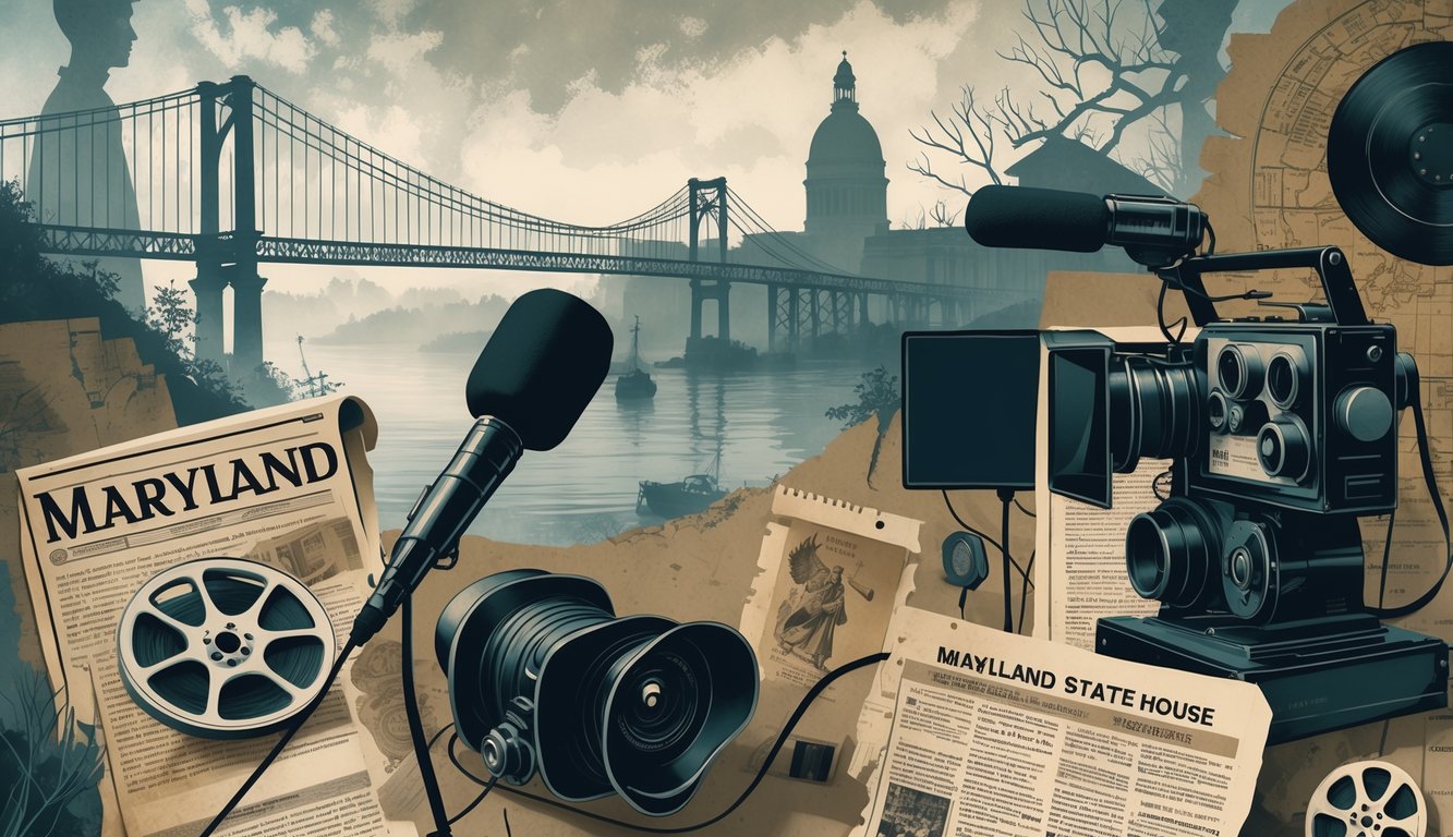 A collage showing Maryland landmarks, historical artifacts, and media equipment like cameras and microphones, with shadowy figures and mysterious symbols in the background.