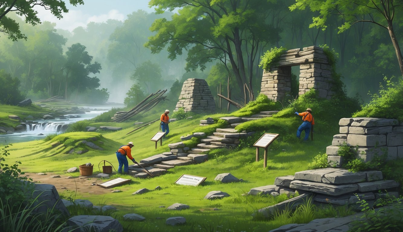 Workers carefully restoring ancient ruins and Native American mounds surrounded by forest and river in Missouri.