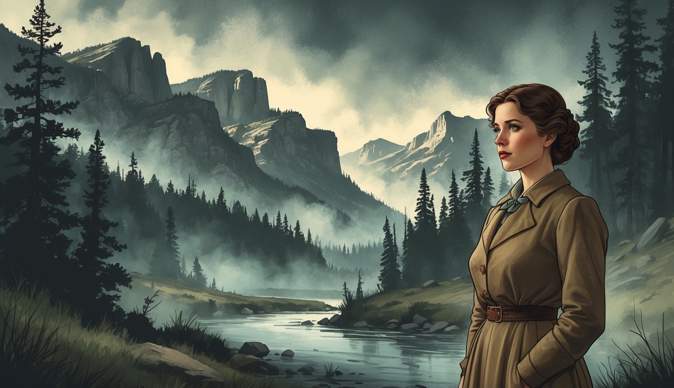 A woman in early 1900s clothing stands near a misty Montana forest and mountains, surrounded by an atmosphere of mystery.