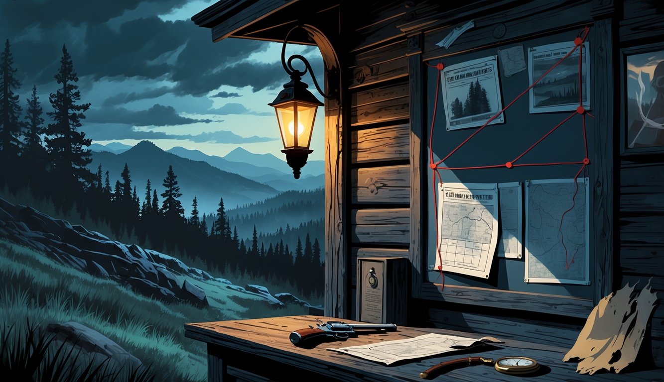 A moody Montana landscape at dusk with a sheriff's office, an evidence board with photos and maps connected by string, and old investigation items on a table, suggesting an unsolved mystery.