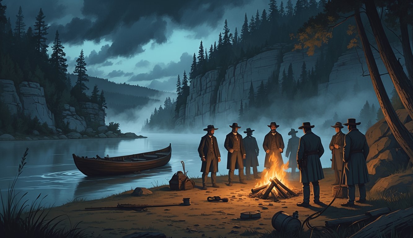A foggy riverbank along the Missouri River with shadowy figures around a campfire near a wooden boat, surrounded by pine trees and rocky cliffs under a cloudy sky.