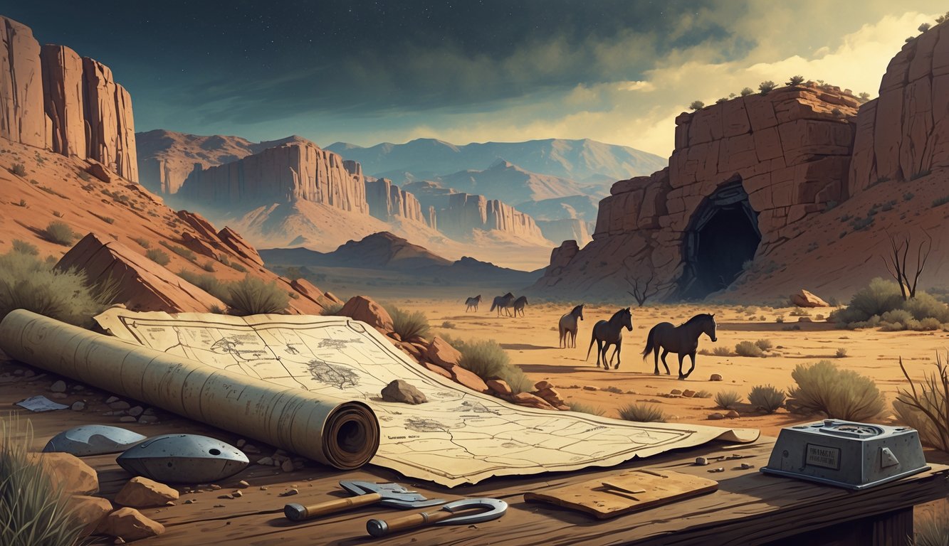 A desert landscape in Nevada with mountains, an old map on a table surrounded by artifacts, ghostly miners near a mine entrance, and a distant secretive facility under a vast sky.