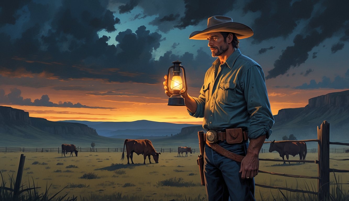 A cattle rancher holding a lantern stands on a Montana ranch at dusk with cattle grazing nearby and shadowy buildings in the background, suggesting mystery and disappearances.