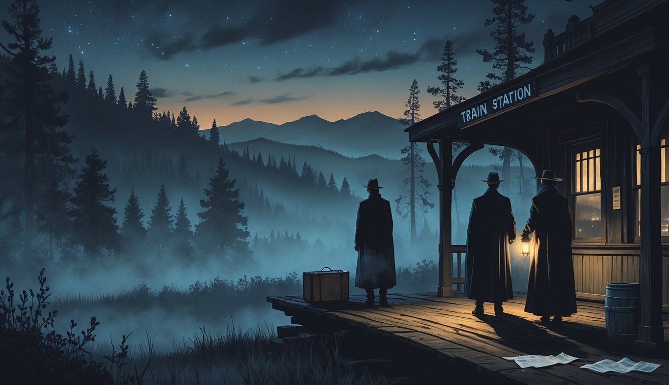 Shadowy figures in old-fashioned clothing stand on a foggy train platform in a forested Montana mountain setting at twilight.