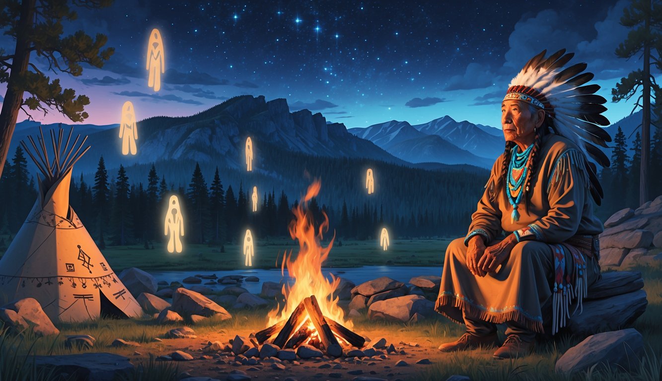 A Cree elder by a campfire in a Montana landscape with mountains, forests, a tipi, and faint ghostly figures and ancient symbols in the air.
