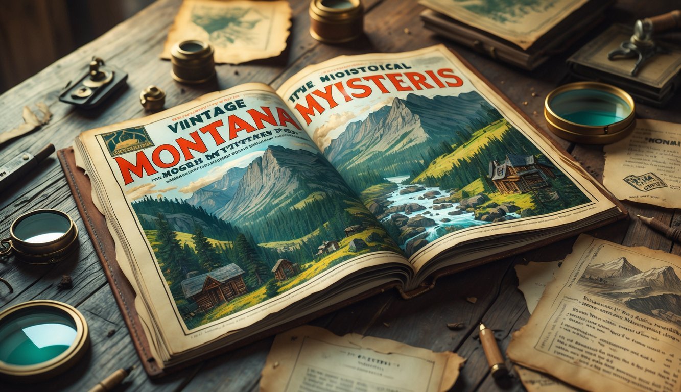 An open vintage magazine on a wooden table surrounded by a compass, magnifying glass, old photos, and notes, with illustrations of Montana mountains, forests, and mining towns.