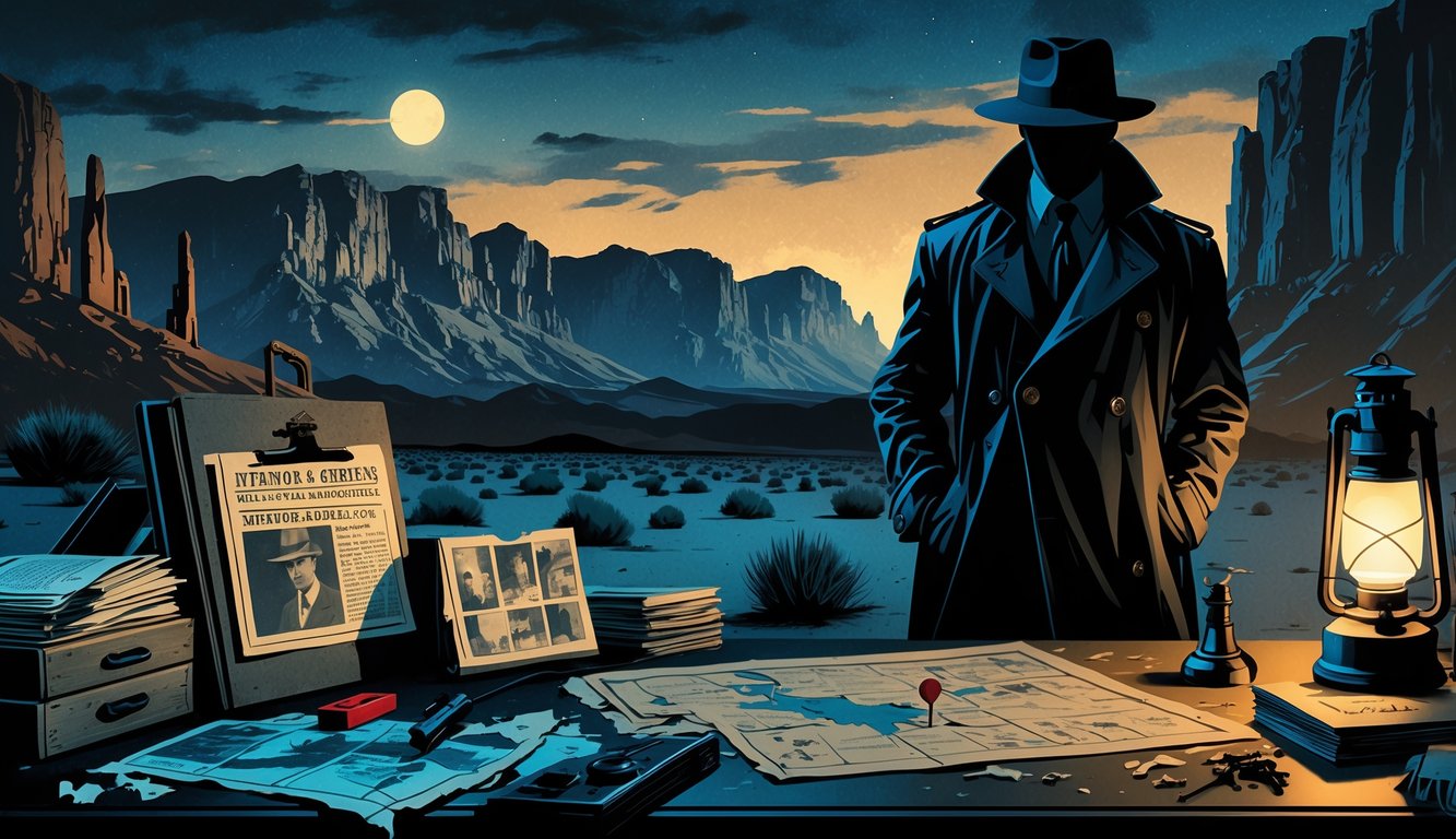A mysterious desert scene at twilight with a detective's desk covered in case files, maps, and a magnifying glass, with a shadowy figure nearby and mountains in the background.