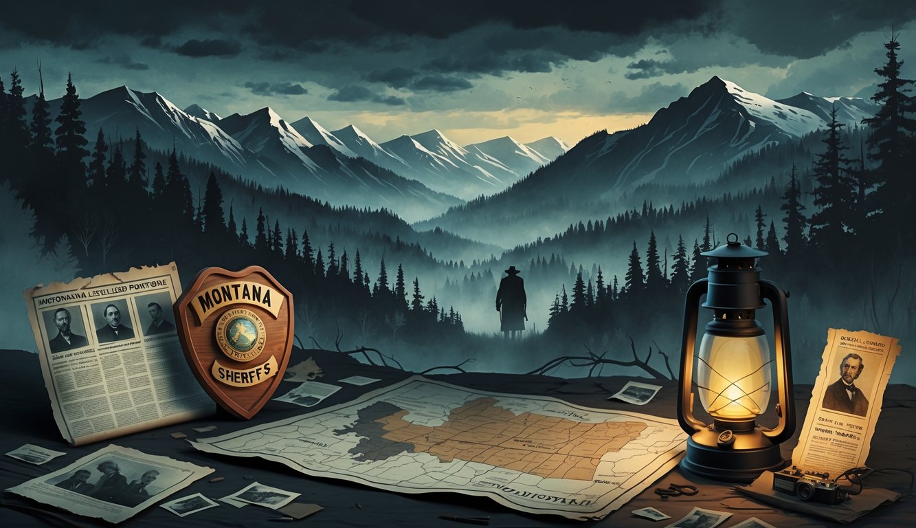A Montana mountain landscape with a sheriff's badge, old map, and ghostly figures representing historical unsolved mysteries.