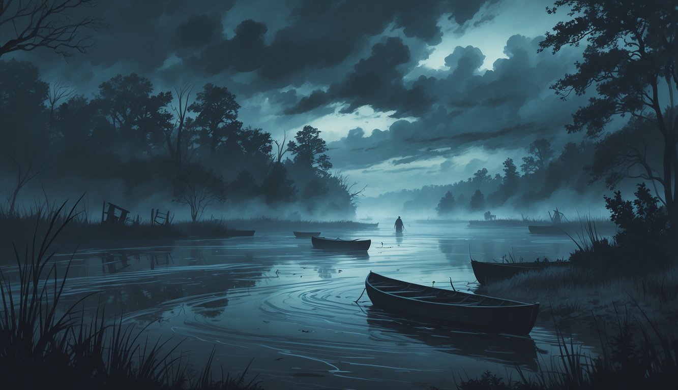 A misty river at twilight with dark waters, shadowy trees along the bank, abandoned boats near the shore, and faint ghostly figures in the fog suggesting disappearances.