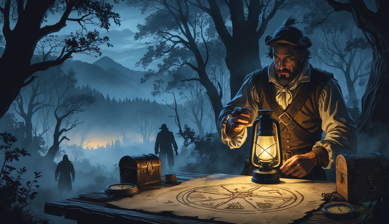 A foggy forest with ancient trees, a colonial explorer holding a lantern revealing mysterious symbols on a stone, an old map on a table, and the White Mountains in the background under a twilight sky.