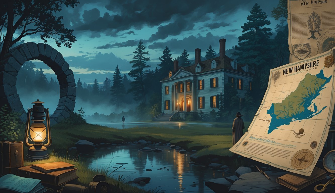 A mysterious scene showing New Hampshire's historical landmarks including an ancient stone circle, an abandoned colonial mansion, a foggy lakeside with a shadowy figure, and a vintage map with cryptic symbols.