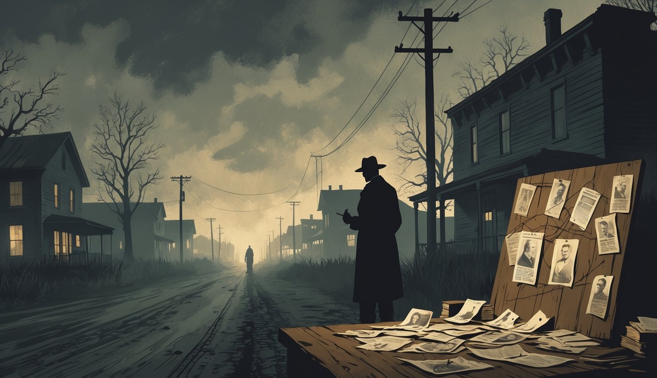 A detective studies old crime clues on a board in a dimly lit early Nebraska town with ghostly figures and a foggy cornfield in the background.