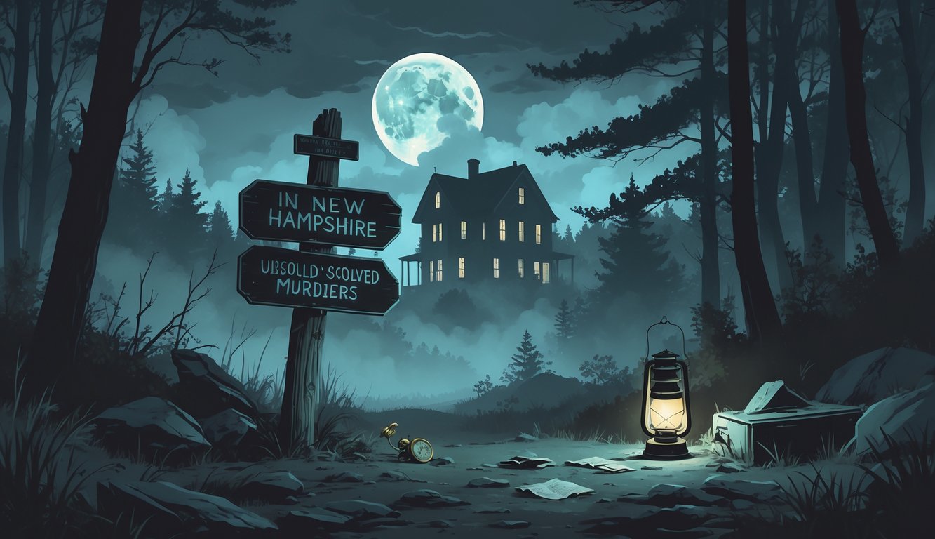 A foggy New Hampshire forest with tall pine trees, an old wooden signpost, scattered vintage clues on the ground, and a silhouette of a Victorian house under a cloudy moonlit sky.