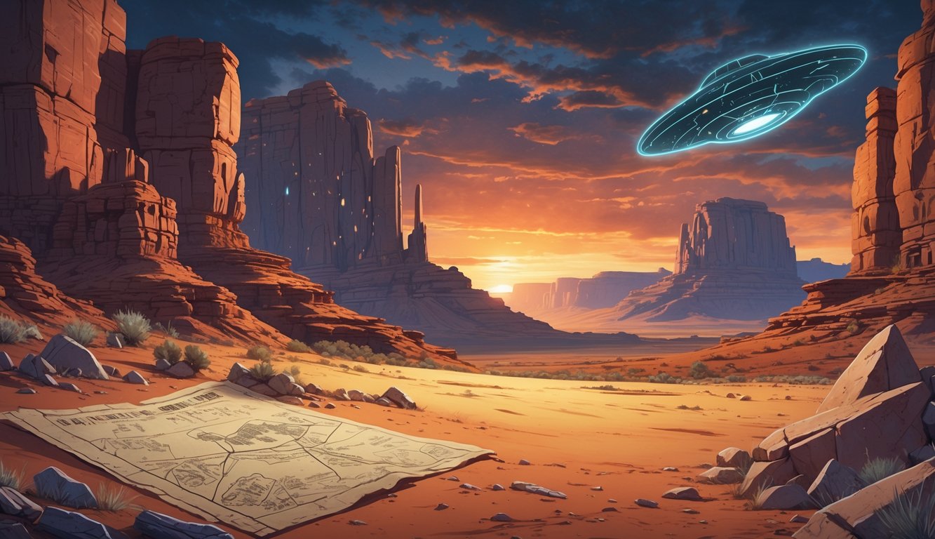 A desert landscape with red rock cliffs, ancient cliff dwellings, glowing petroglyphs, scattered pottery shards and arrowheads, rugged mountains, and a faint outline of a UFO in the sky.
