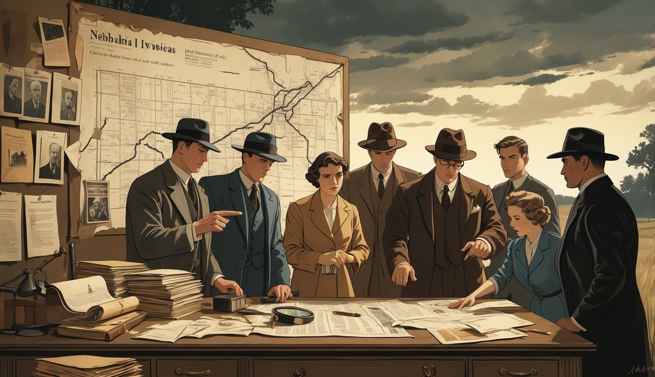 Investigators examining historical evidence and maps related to unresolved mysteries in Nebraska, with a backdrop of Nebraska's landscape.
