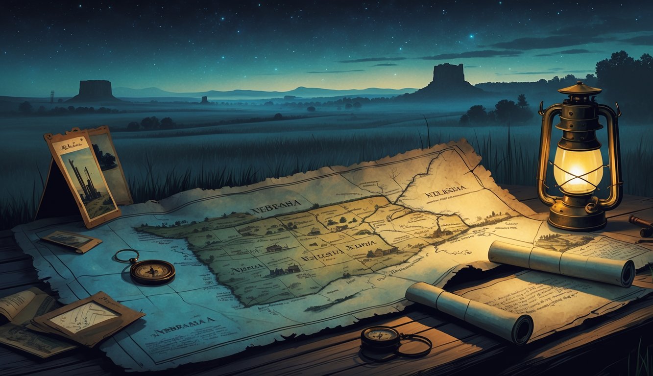 A wooden table with an old map of Nebraska, surrounded by historical artifacts like a compass, lantern, and photographs, set against a misty Nebraskan landscape with plains and distant rock formations at twilight.