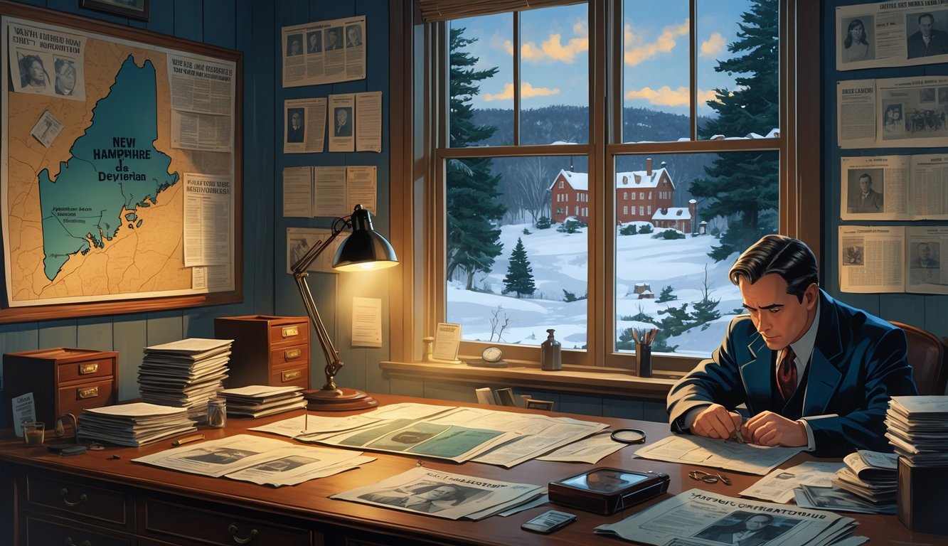 A detective's office with case files, maps of New Hampshire, and pinned evidence, overlooking a snowy landscape with forests and historic buildings.
