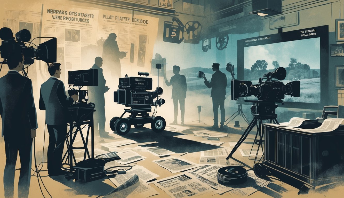 A newsroom scene with reporters and cameras surrounded by images of Nebraska landmarks and mysterious ghostly figures, symbolizing historical mysteries and media coverage.