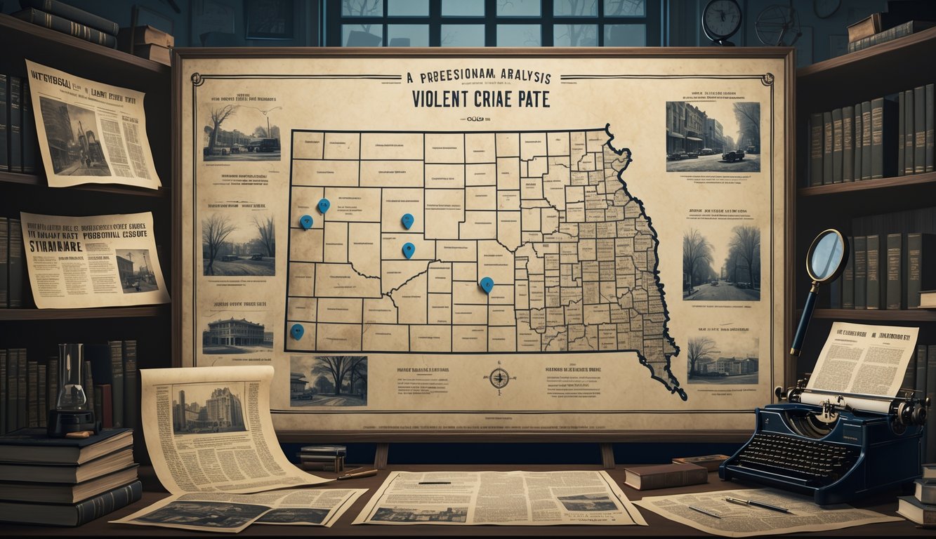 A detailed scene showing a vintage map of Nebraska surrounded by historical crime-related documents and photographs in a dimly lit study room.