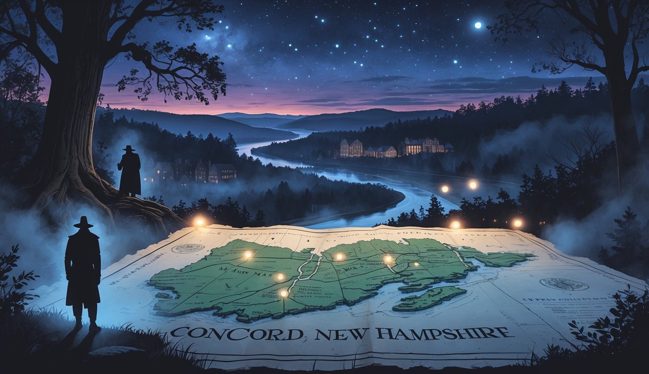A twilight scene showing a glowing old map of New Hampshire surrounded by mysterious figures, colonial buildings, forests, and a river under a starry sky.
