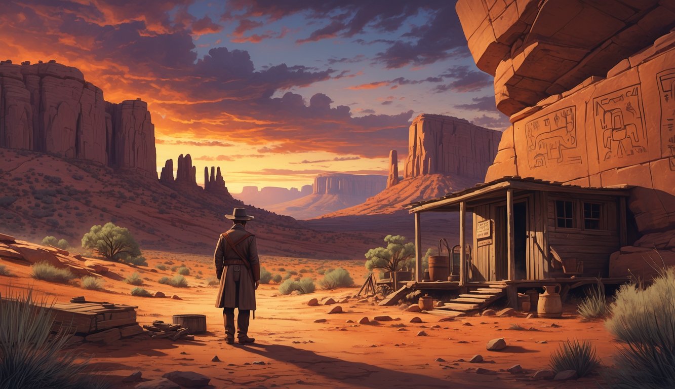 A lone explorer stands near an old mining camp in a desert landscape with red rock formations and ancient petroglyphs carved into a large rock face at sunset.