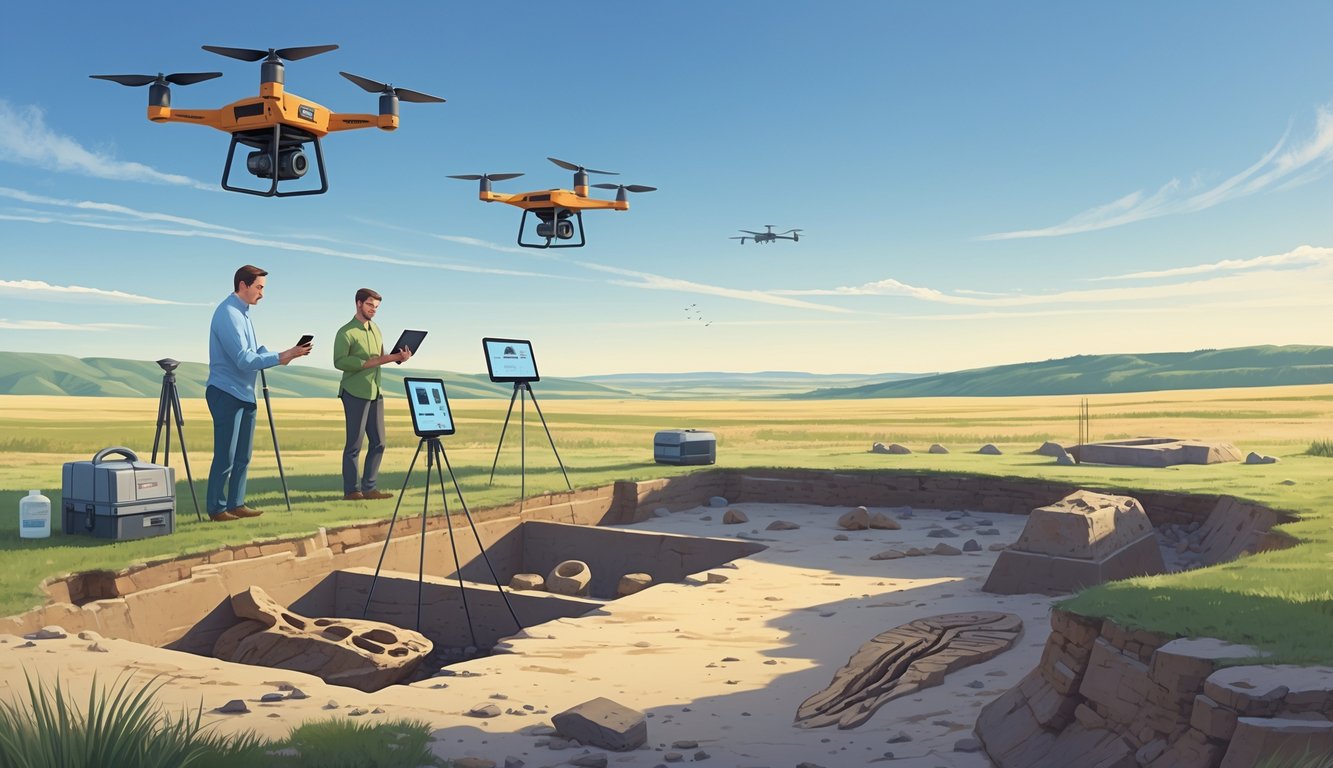 Scientists using modern technology to excavate and study ancient artifacts in a Nebraska landscape with plains and historical landmarks in the background.