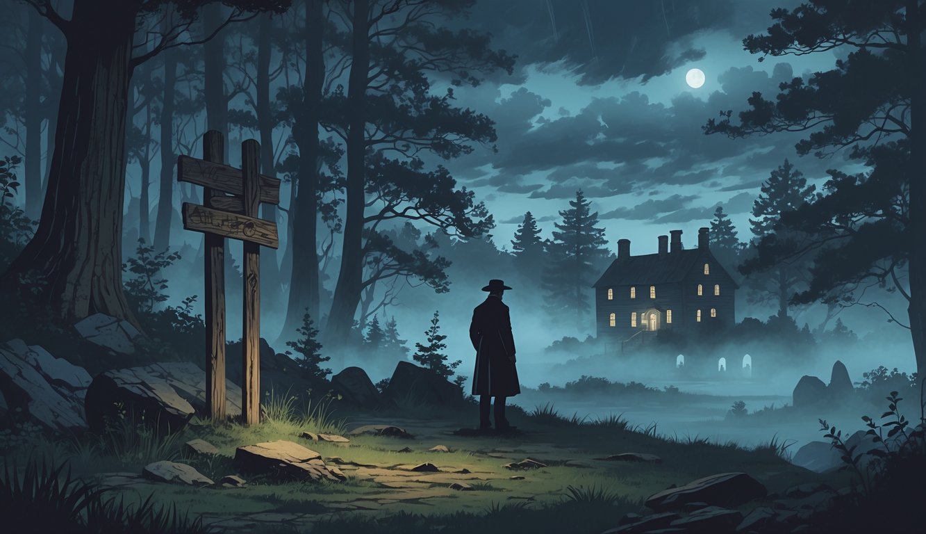 A misty forest in New Hampshire with a wooden signpost, a person in old-fashioned clothing looking toward a colonial village, and mysterious objects like a broken compass and an ancient map scattered around.