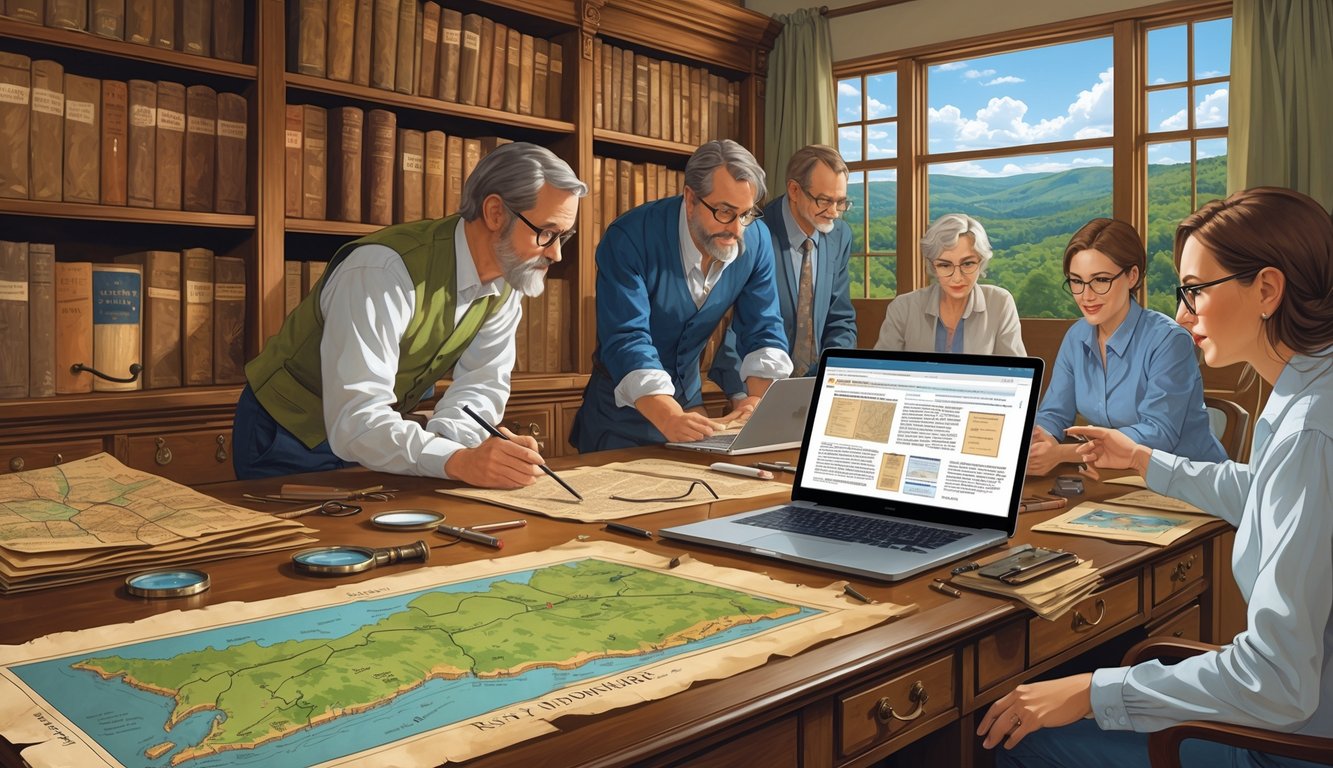 A group of researchers working together at a desk filled with old maps, manuscripts, and artifacts, with bookshelves and a window showing New Hampshire's landscape in the background.