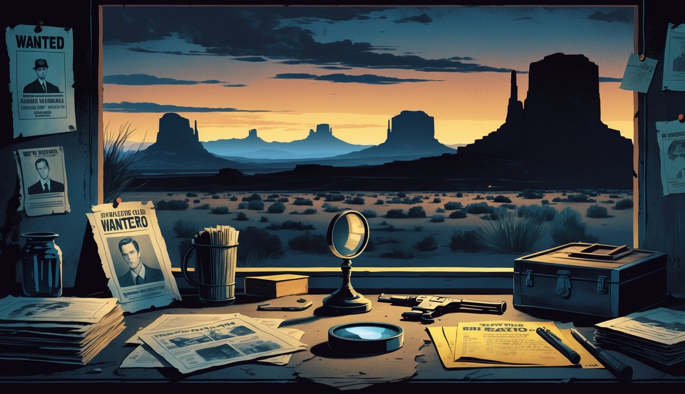 A detective's desk with old photos, case files, and a magnifying glass in front of a New Mexico desert landscape at dusk with mesas and mountains.