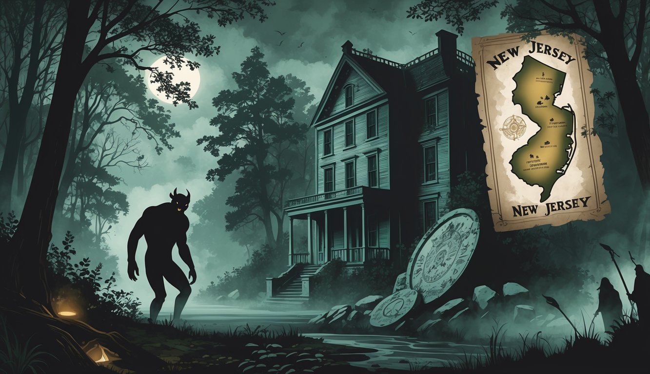 A mysterious forest with a shadowy creature, an old abandoned mansion, a vintage map with glowing symbols, an ancient artifact by a river, and faint ghostly figures near battlefield ruins.