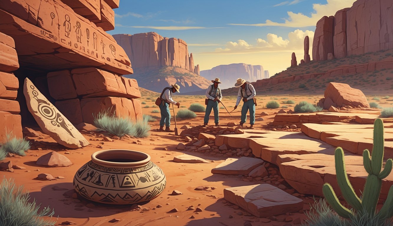 A desert scene in New Mexico with ancient ruins, petroglyphs, pottery shards, and archaeologists examining artifacts at sunset.
