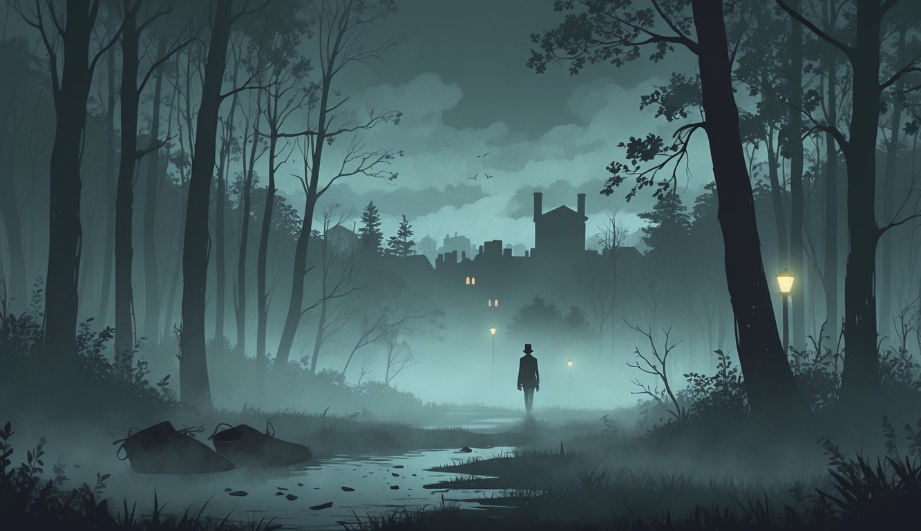 A foggy forest with tall trees and faint footprints leading into the mist, a shadowy figure disappearing, and a distant small town skyline under a cloudy twilight sky.