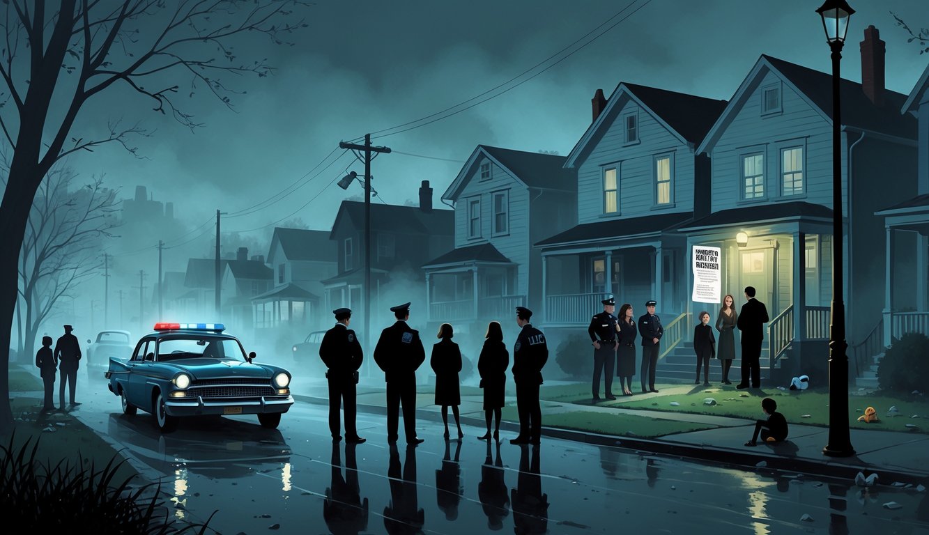 A foggy suburban street at dusk with worried adults and police officers searching, a police car with flashing lights, and subtle symbols like a child's silhouette and scattered toys indicating missing children.