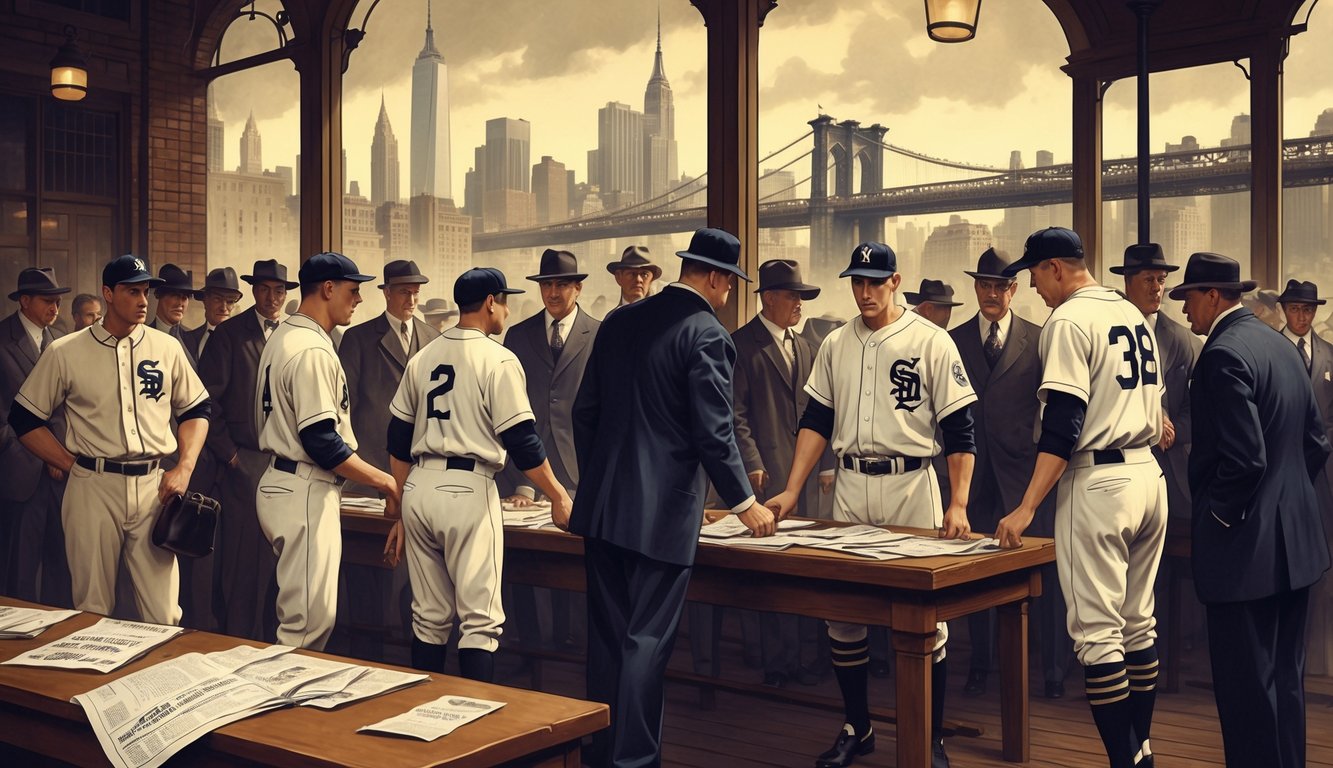 Baseball players in 1919 uniforms exchanging secretive envelopes in a city setting with a historic skyline and shadowy figures nearby.