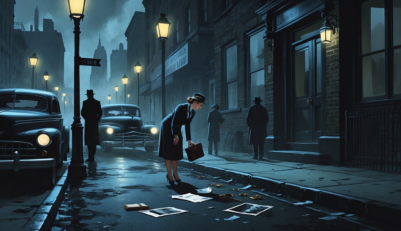 A female detective examines evidence on a dimly lit 1940s New York street at night, with vintage cars and shadowy figures nearby.