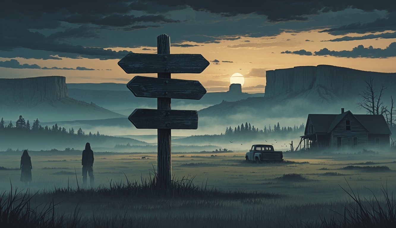 A twilight North Dakota landscape with plains, badlands, a wooden signpost with blank signs, ghostly figures in mist, an abandoned farmhouse, and a broken-down vehicle, creating a mysterious and haunting scene.