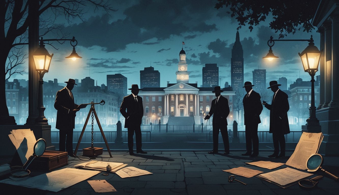 A cityscape of Trenton, New Jersey at dusk with detectives examining old crime evidence and ghostly figures representing historical mysteries around them.