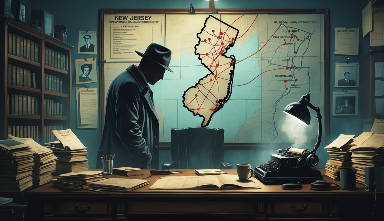A detective's office with a desk covered in old case files and photos, a bulletin board with maps connected by red strings, and a detective studying the board in a dimly lit room.