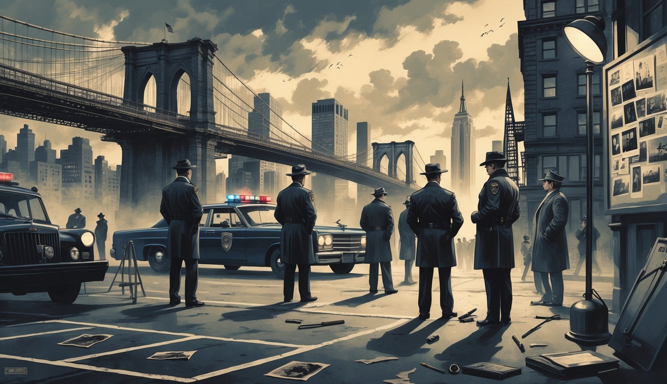 Detectives examining a crime scene in historical New York City with vintage forensic tools and iconic city landmarks in the background.