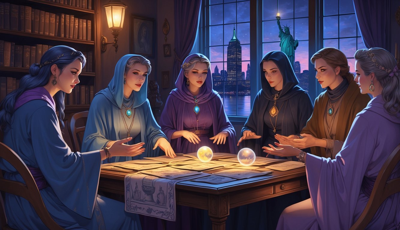 A group of mystics and mediums around a table with tarot cards and crystal balls in a dimly lit room, with a view of historic New York City through a window.