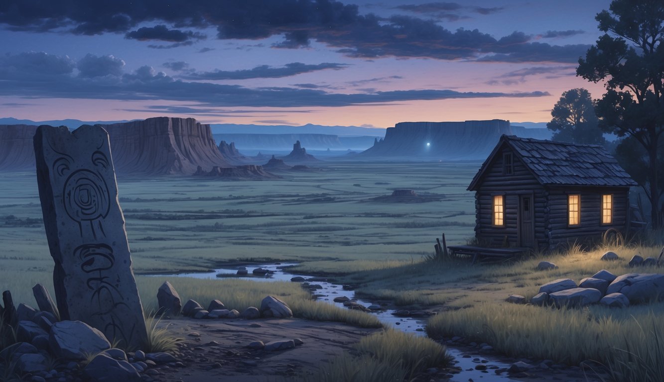 A North Dakota landscape at twilight showing ancient petroglyphs, a weathered pioneer cabin, and mysterious distant structures suggesting historic mysteries.