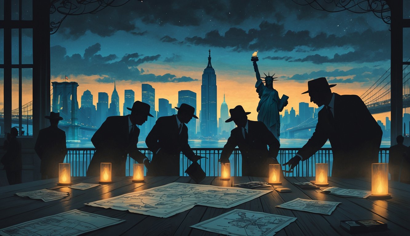 A nighttime view of New York City landmarks with detectives examining mysterious clues on a table, surrounded by faint ghostly figures in the background.