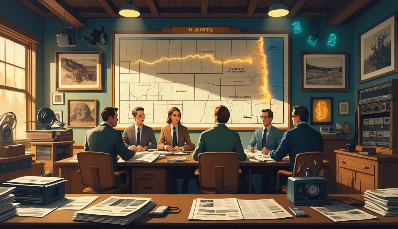 A newsroom with reporters investigating historical mysteries of North Dakota, featuring a map with marked locations and historical artifacts displayed around.