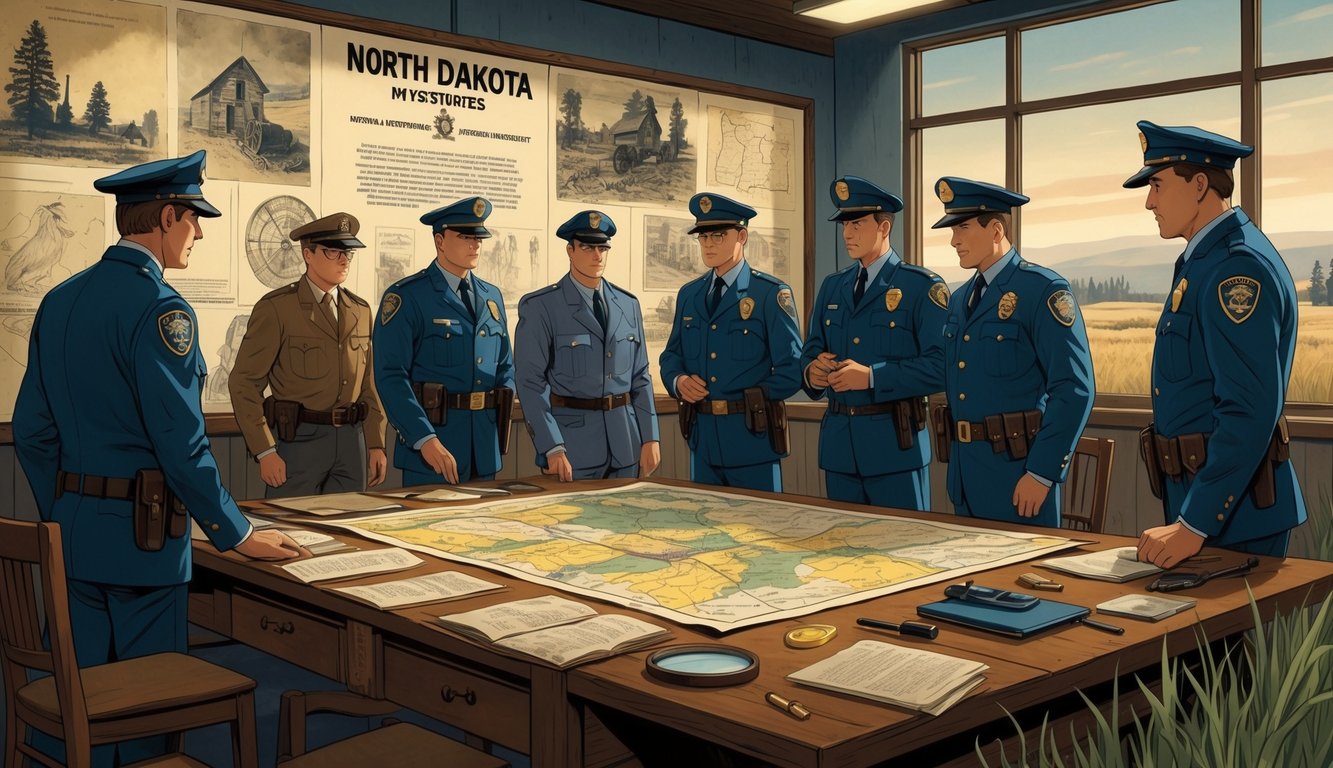 Law enforcement officers examining historical maps and artifacts in an investigation room focused on North Dakota's biggest mysteries.